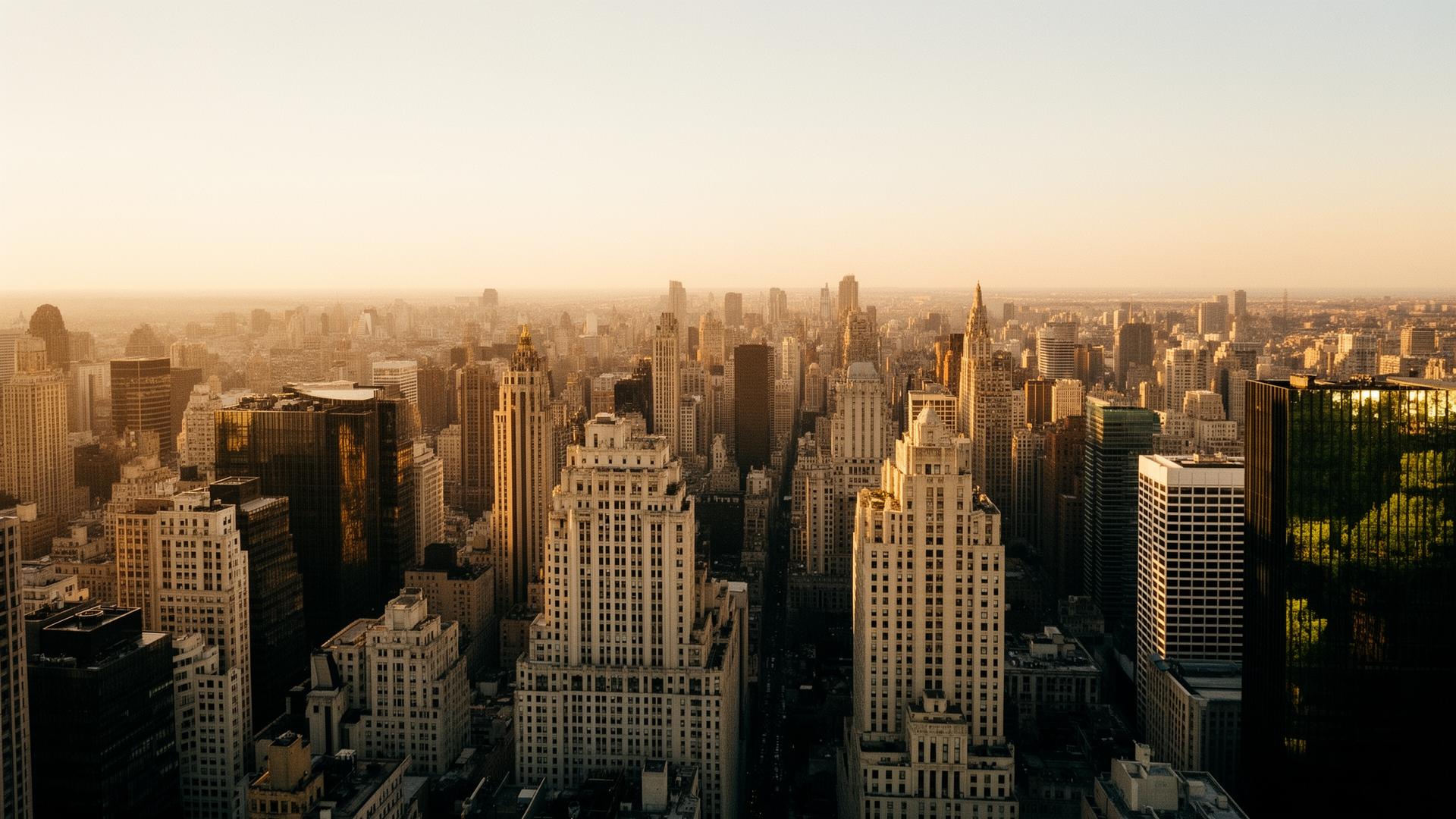 A sweeping city skyline at golden hour